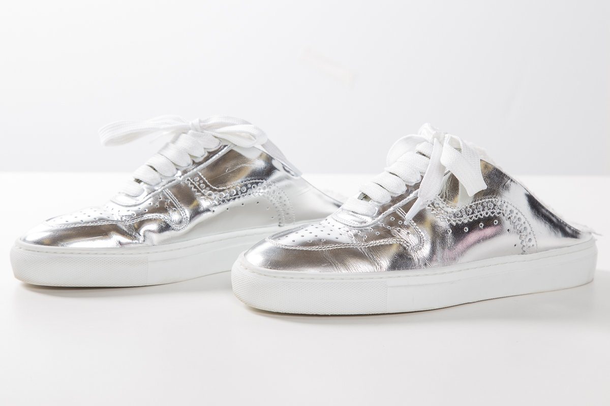 SWEAR Silver Metallic Leather Round-Toe Sneakers SZ 37 - fashionupstore1