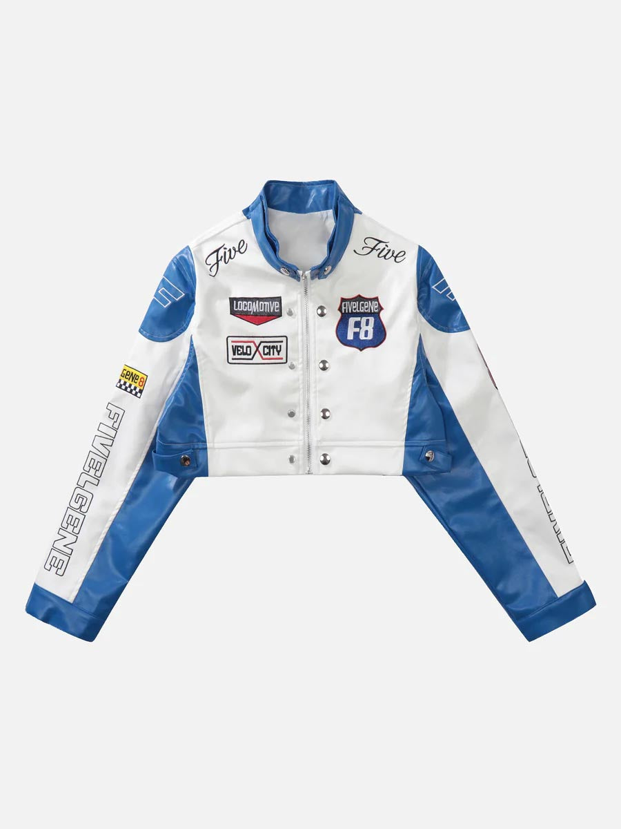 1984 Badge Short PU Leather Racing Jacket - 1631 - fashionupstore1