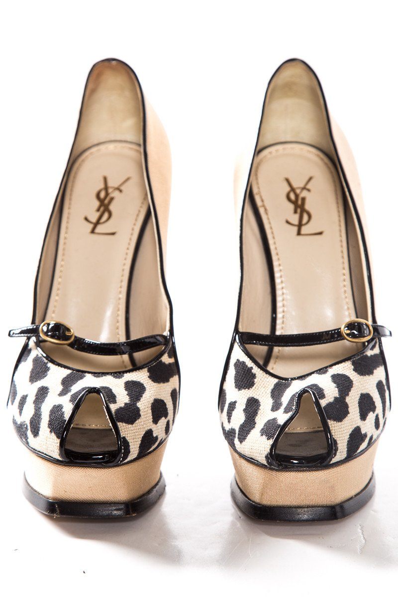 Yves Saint Laurent Tan Canvas Peep Toe Platforms SZ 38 - fashionupstore1