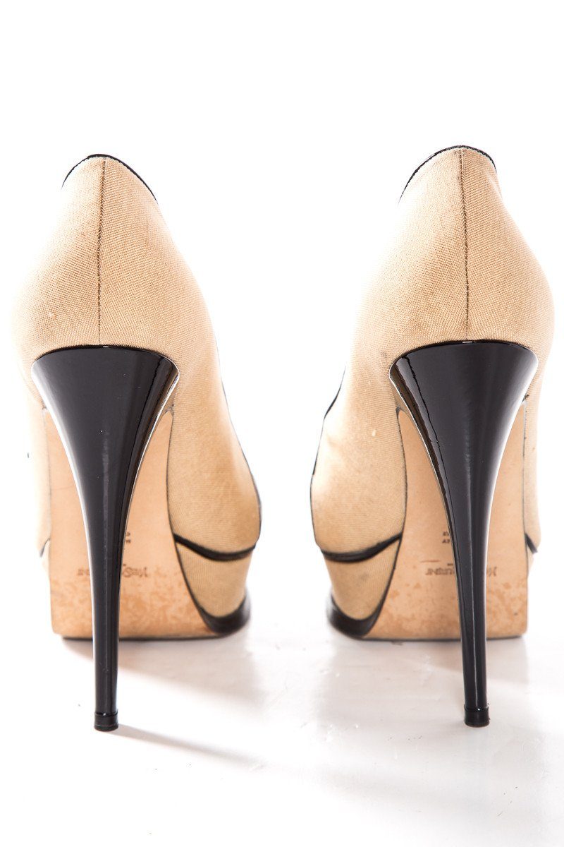 Yves Saint Laurent Tan Canvas Peep Toe Platforms SZ 38 - fashionupstore1