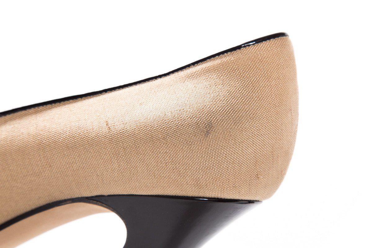 Yves Saint Laurent Tan Canvas Peep Toe Platforms SZ 38 - fashionupstore1