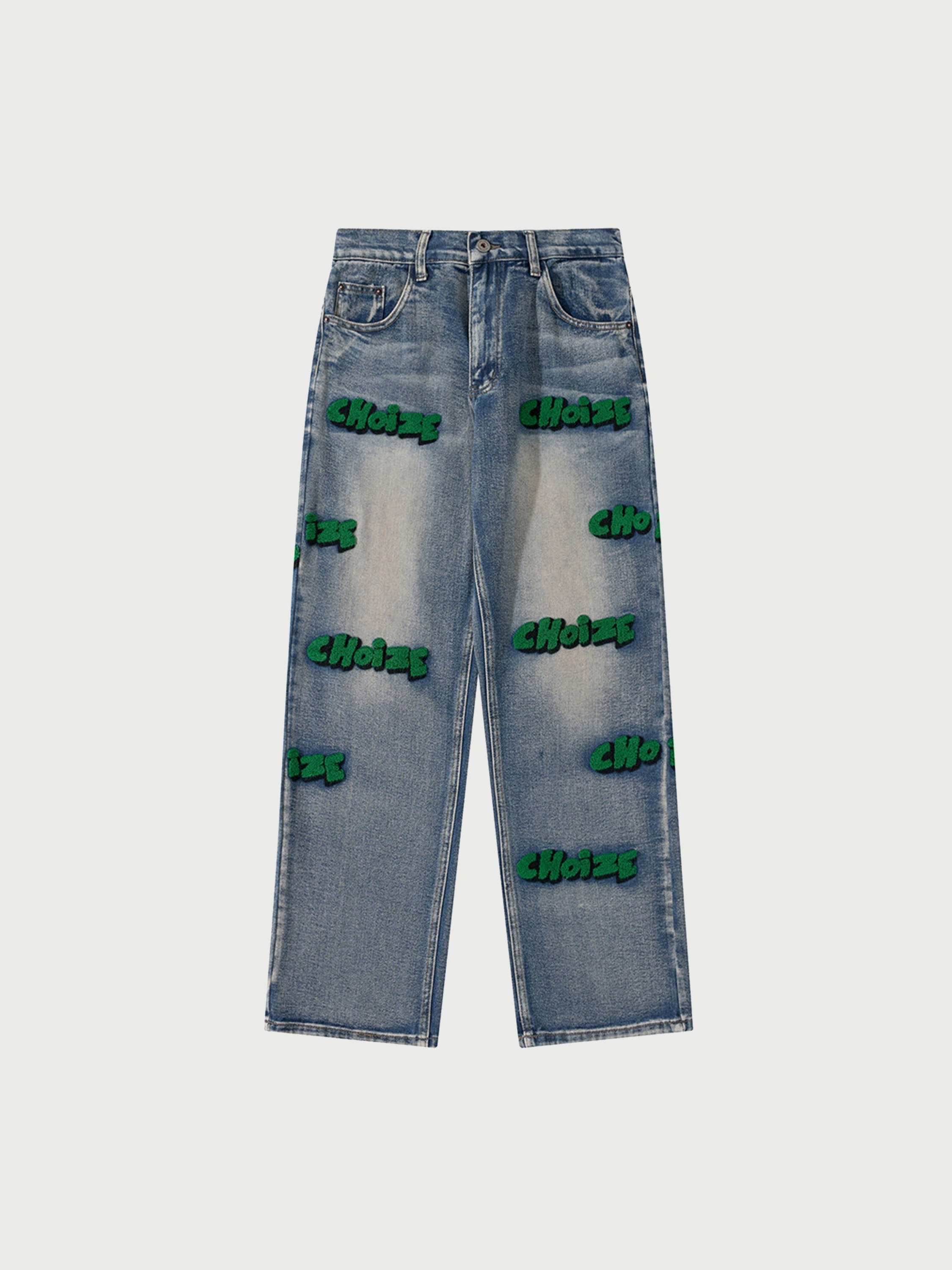 Straight Leg Mid Waist Letter Flocking Jeans - fashionupstore1