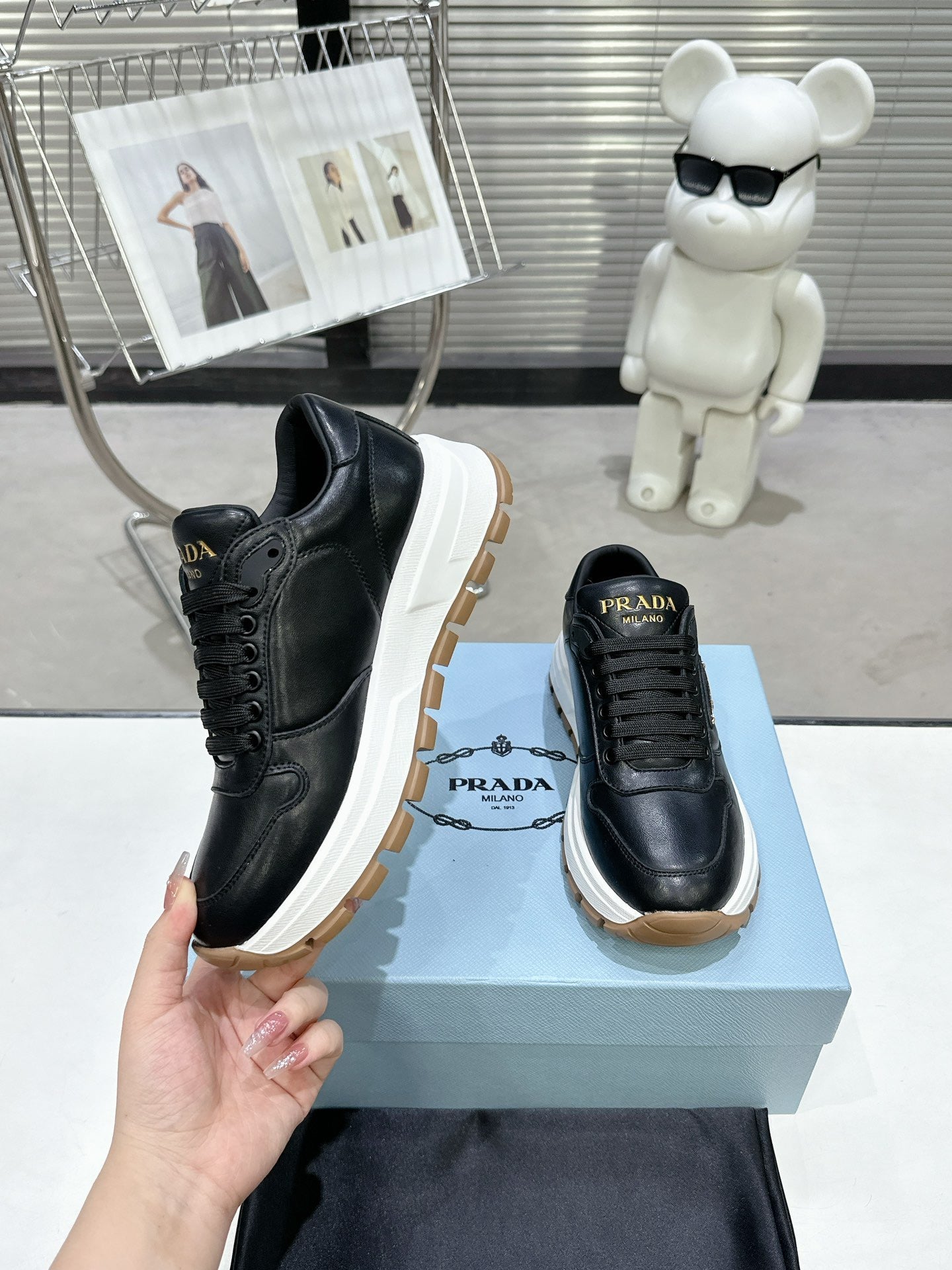 PRD Triangle Logo Leather Black Sneakers -047 - fashionupstore1