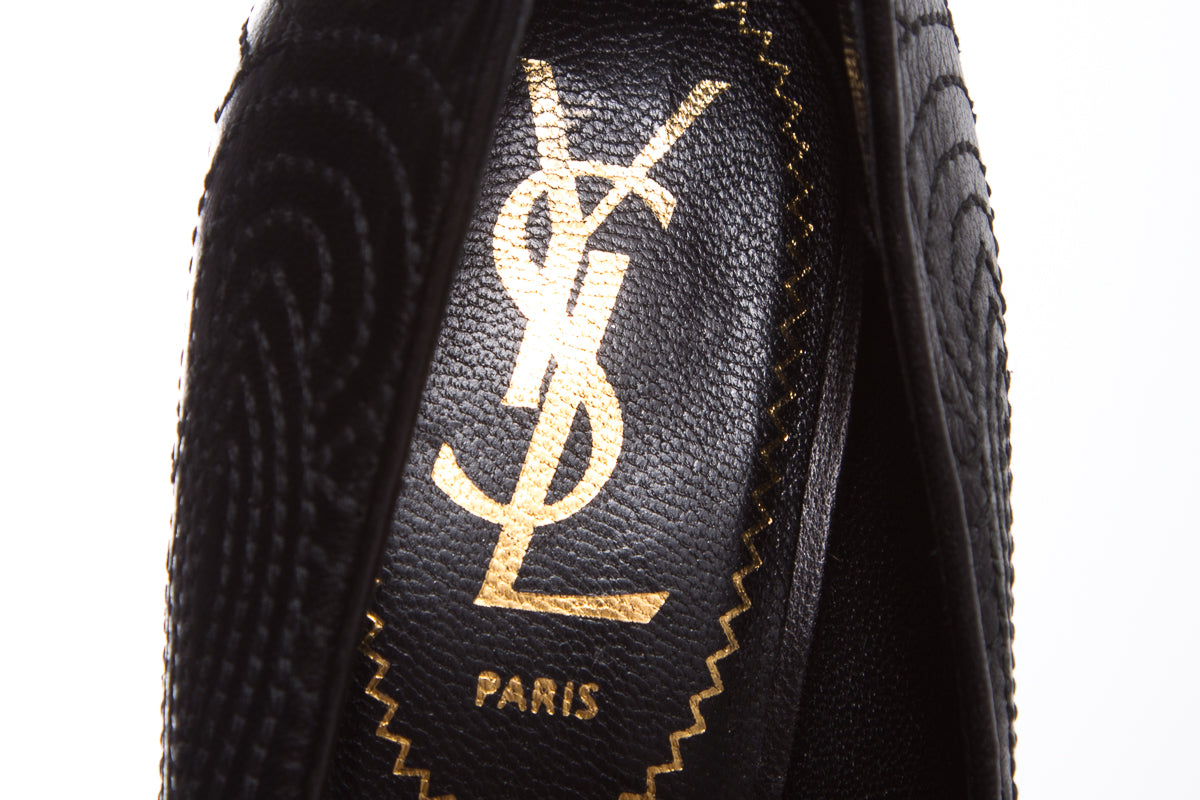 YSL Black Embroider Heels SZ 35 - fashionupstore1