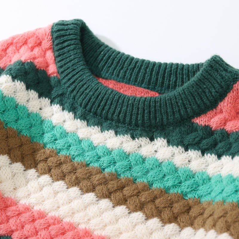 Cable Knit Crewneck Sweater Patchwork Color - fashionupstore1