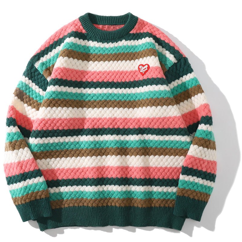 Cable Knit Crewneck Sweater Patchwork Color - fashionupstore1