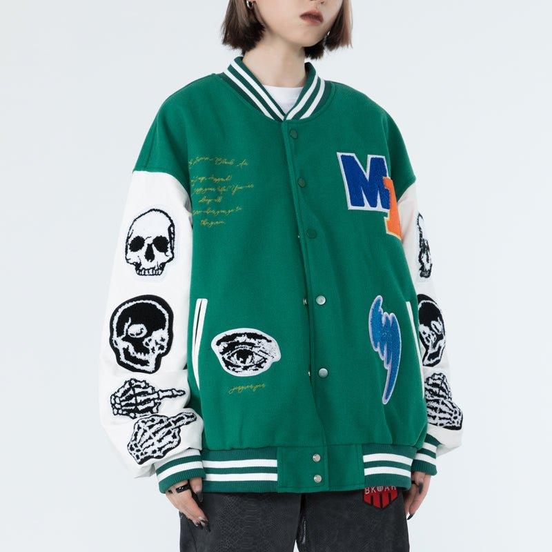 Cool Punk Baseball Jacket Flocking Skull - fashionupstore1