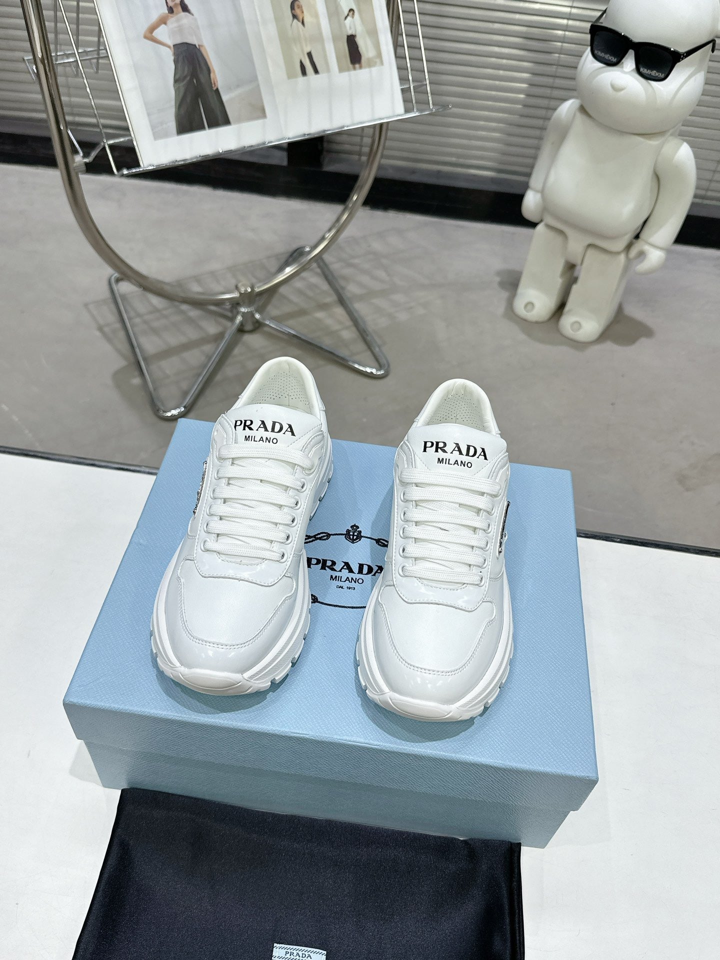 PRD Triangle Logo Leather Sneakers Triple White-046 - fashionupstore1