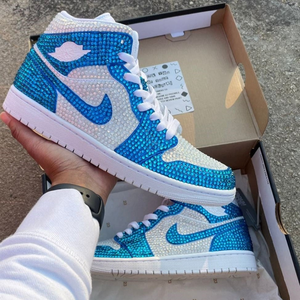 Blue Rhinestones Custom Air Jordan 1 x Wedding Sneakers Yi Customs