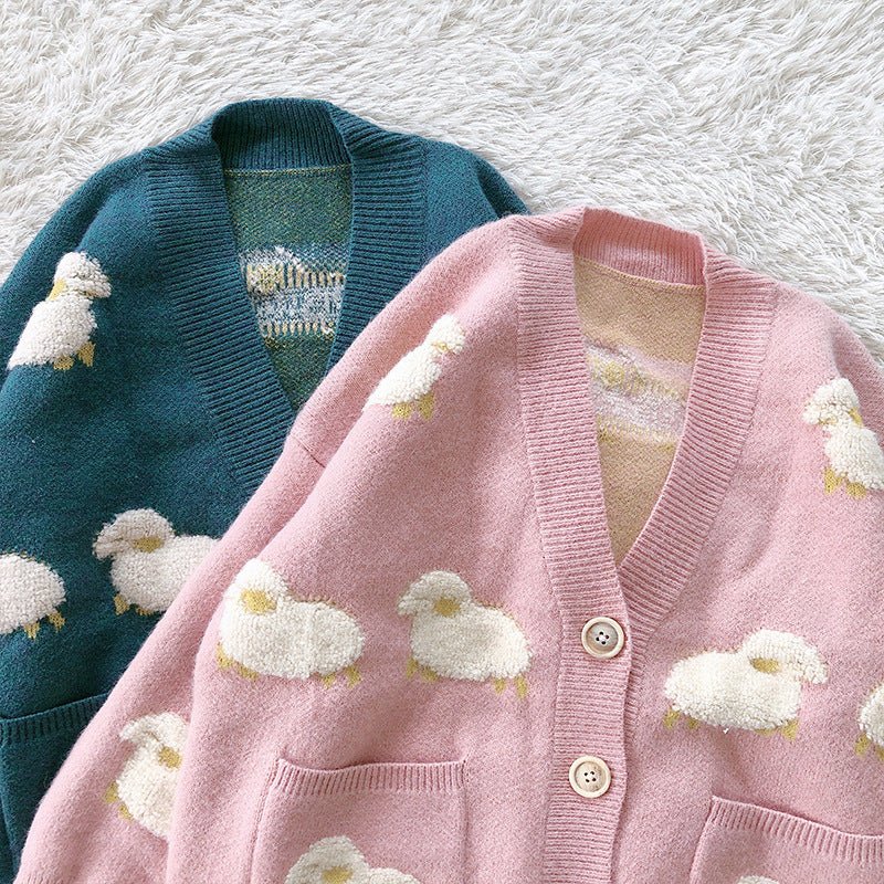 Knitted Sweater Cardigan Flocked Sheep - fashionupstore1