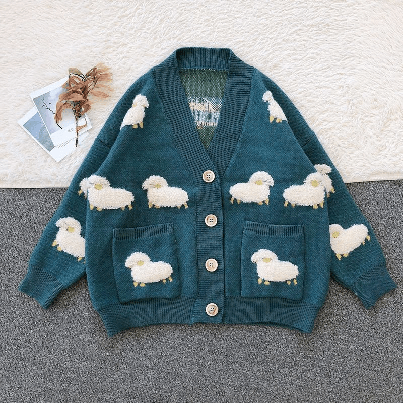 Knitted Sweater Cardigan Flocked Sheep - fashionupstore1