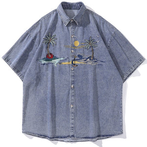 Lemamdik Denim Short Sleeve Shirt Island Embroidery - fashionupstore1