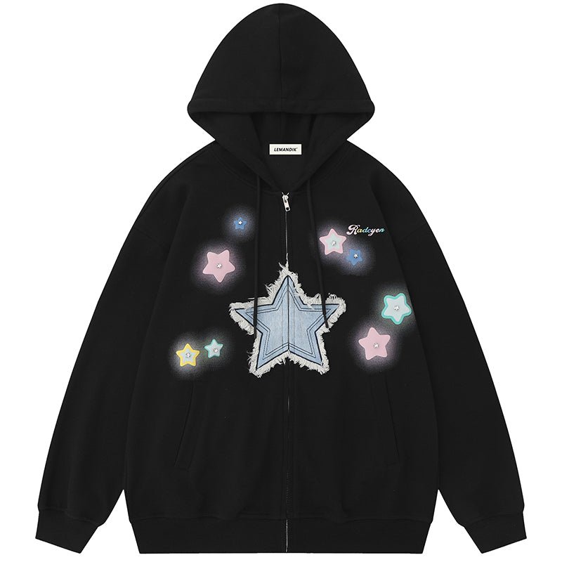 1984 Casual Zipper Hoodie Star Patch - fashionupstore1