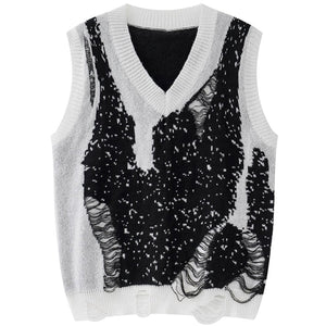 1984 Distressed Knitted Vest Color Block - fashionupstore1