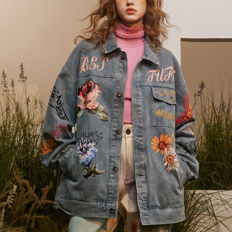 1984 Distressed Wash Denim Jacket Floral Graphic - fashionupstore1