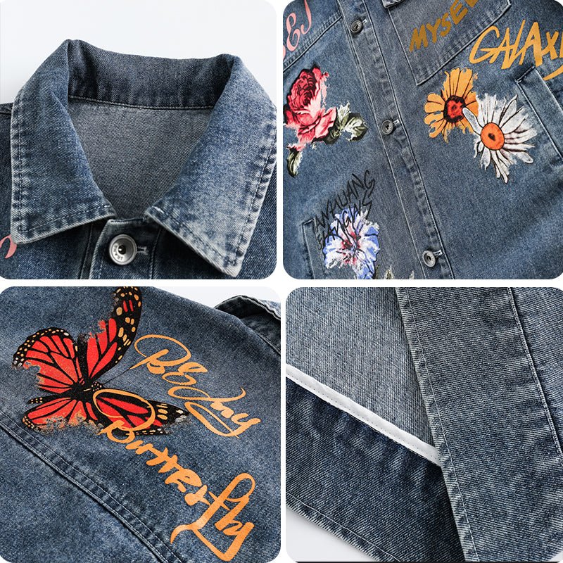 1984 Distressed Wash Denim Jacket Floral Graphic - fashionupstore1