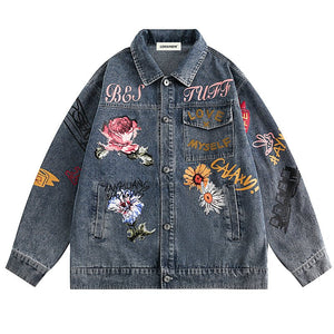 1984 Distressed Wash Denim Jacket Floral Graphic - fashionupstore1