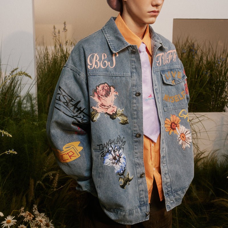 1984 Distressed Wash Denim Jacket Floral Graphic - fashionupstore1