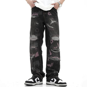 1984 Ripped Straight Leg Jeans Color Stitching - fashionupstore1