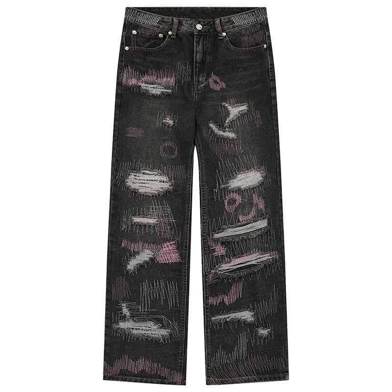 1984 Ripped Straight Leg Jeans Color Stitching - fashionupstore1