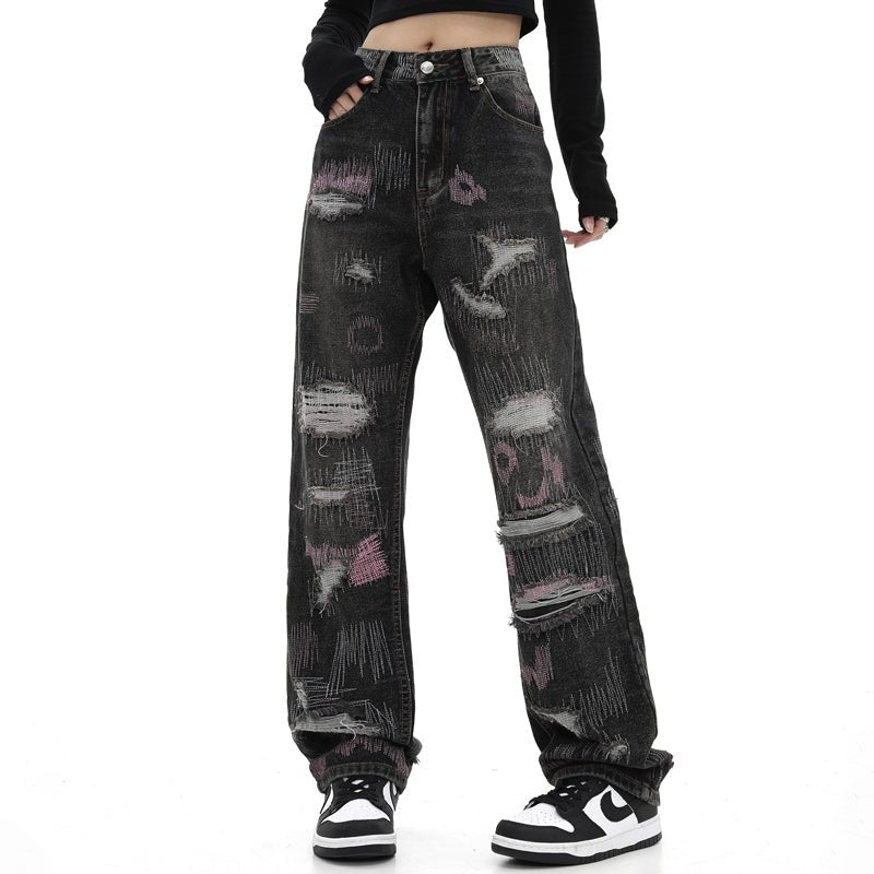 1984 Ripped Straight Leg Jeans Color Stitching - fashionupstore1