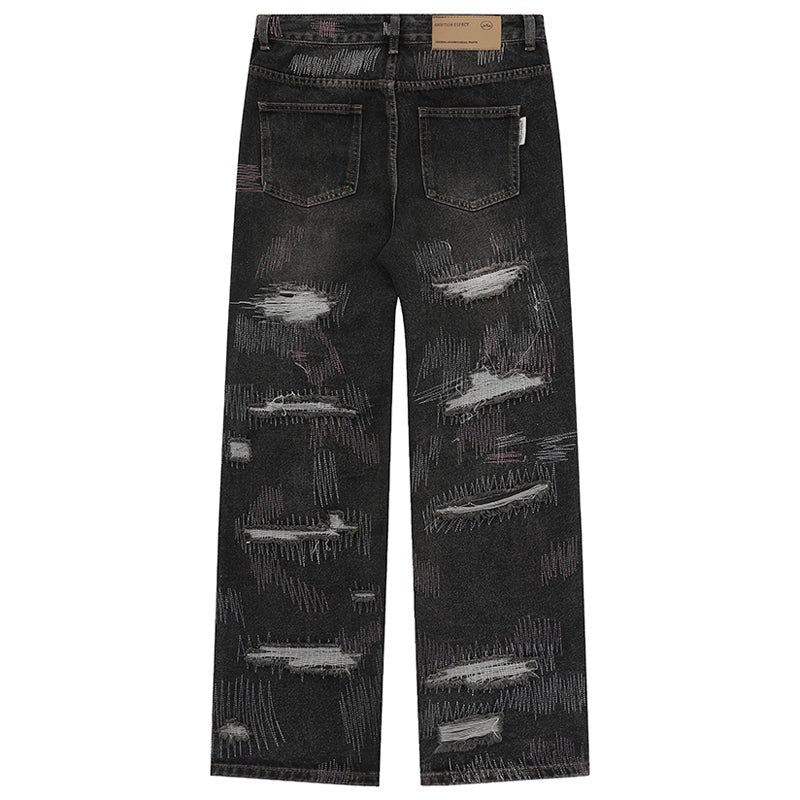 1984 Ripped Straight Leg Jeans Color Stitching - fashionupstore1