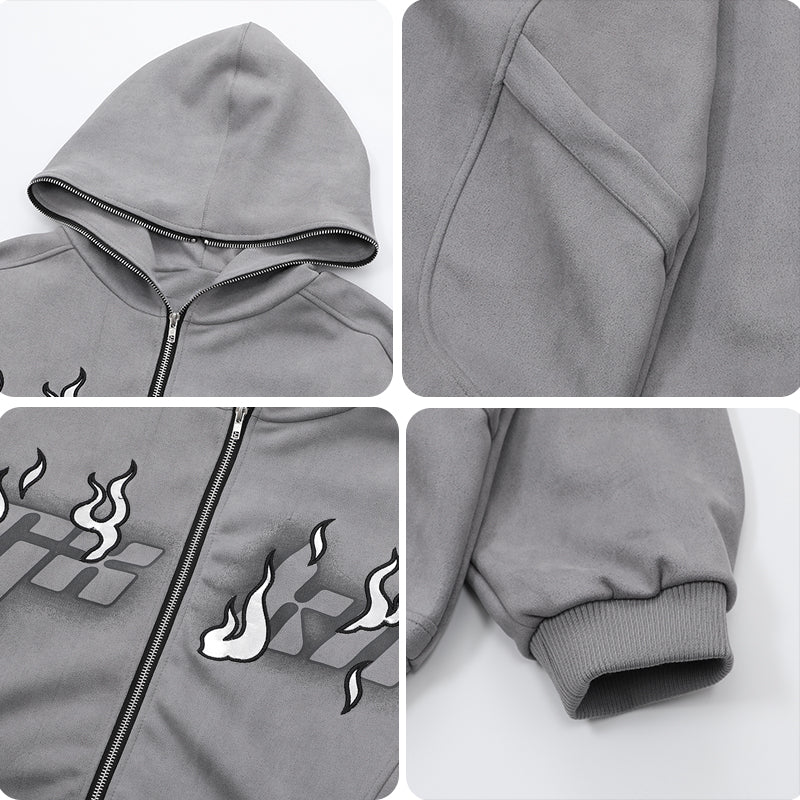 1984 Zip Up Suede Hoodie Embroidery Flame - fashionupstore1