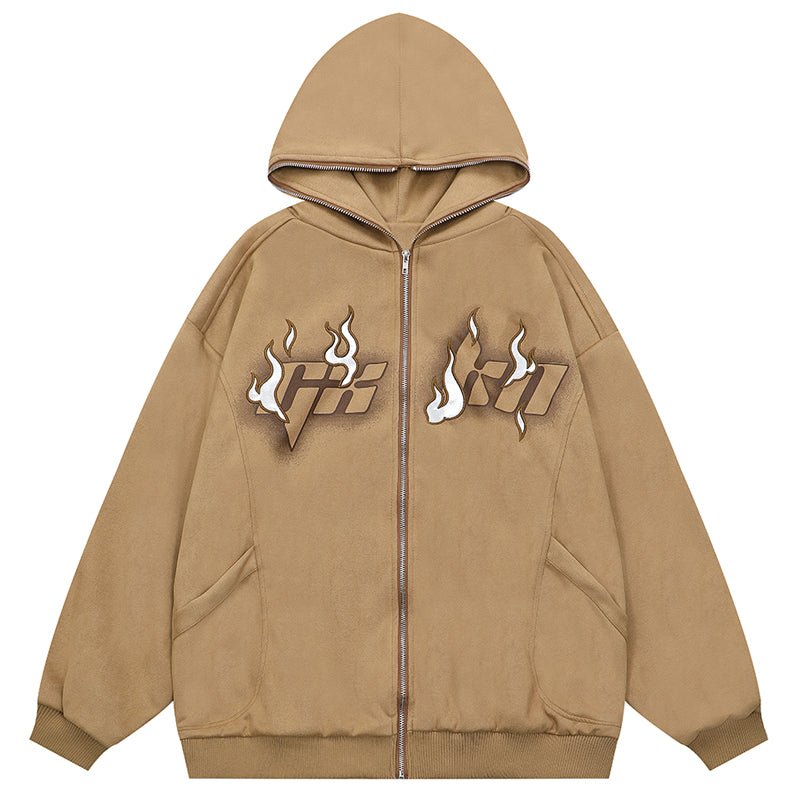 1984 Zip Up Suede Hoodie Embroidery Flame - fashionupstore1